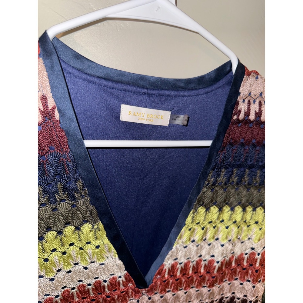 Ramy Brook Multi Color Striped Crochet Knit V-Neck Bell Sleeve Mini Dress Large - Picture 4 of 10